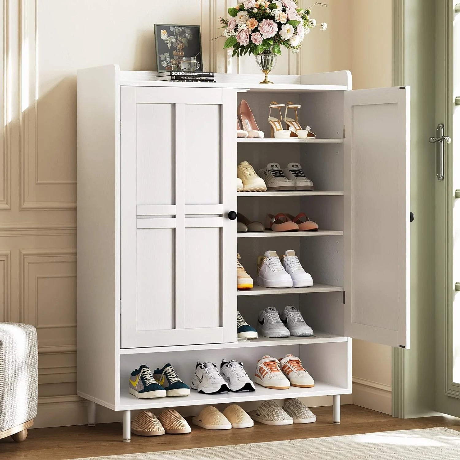 Black 7+1 Tier Farmhouse Shoe Storage Cabinet - 45" Tall Entryway Organizer