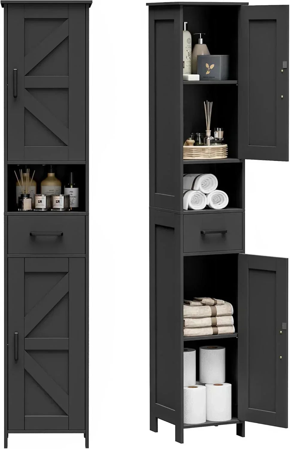 Homhedy 67" H Tall Bathroom Storage Cabinet with 2 Barn Doors and 1 Drawer Narrow Storage Unit