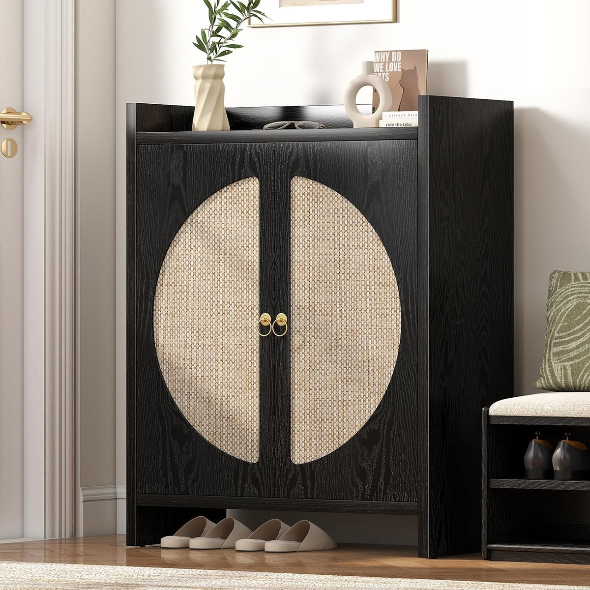 Shoe Cabinet Storage for Entryway - Rattan Entry Way Shoe Storage Cabinet