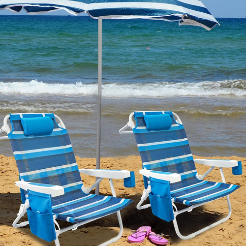 Beach Chair 2 Pack 5 Positions Textilene Folding Reclining Beach Chair with Backpack Straps Cooler Bag & Cup Holder for Outdoor Lawn Camping