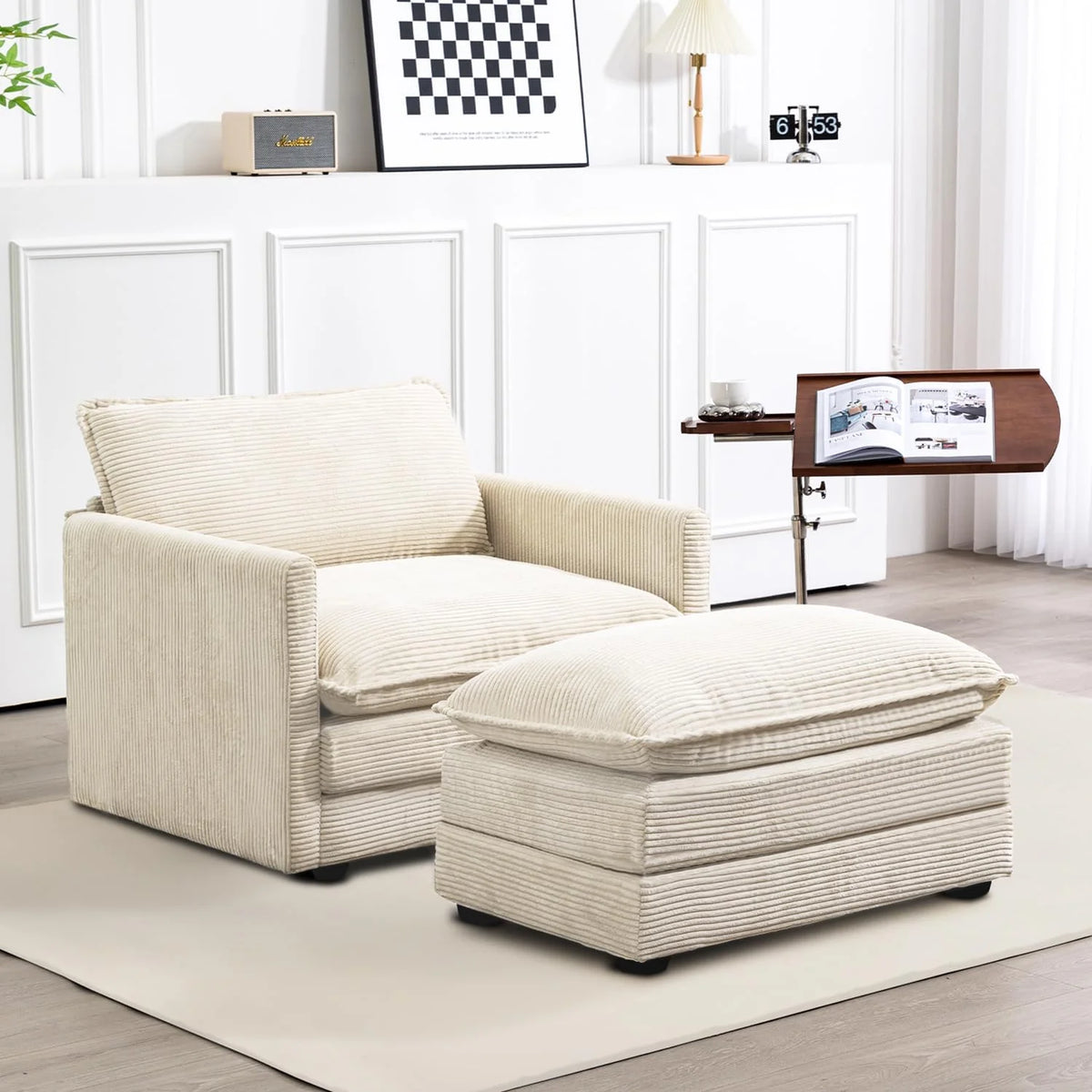 ROWHY Oversized Modular Sectional Sofa with Movable Ottoman, 112 Inch 4 Seat Modern Corduroy Sofa Set, Convertible L Shaped Couch for Living Room and Office, Beige