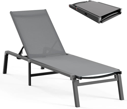 Aluminum Chaise Lounge Ourdoor - Foldable & Assemble Free Outdoor Lounge Chair with 5 Adjustable Backrest, Patio Lounge Chair for Outside Poolside Beach Pool, Black