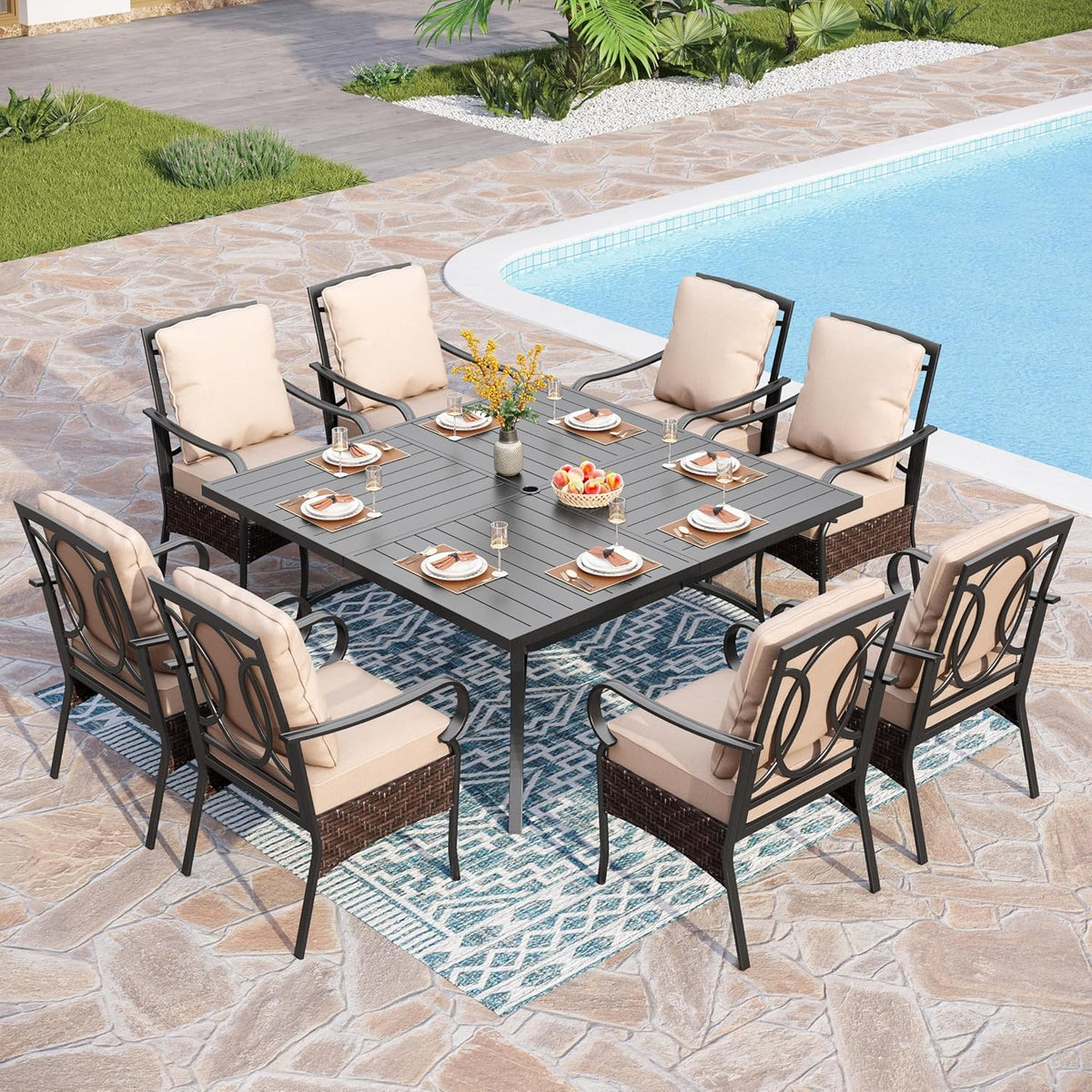 PHI VILLA 6-Piece Outdoor Dining Sets, All-Weather Patio Table and Chairs Set with Umbrella for 4, Heavy Duty Patio Round Table Set for Deck, 4 Extra Large Outdoor Swivel Chairs with Thick Cushions