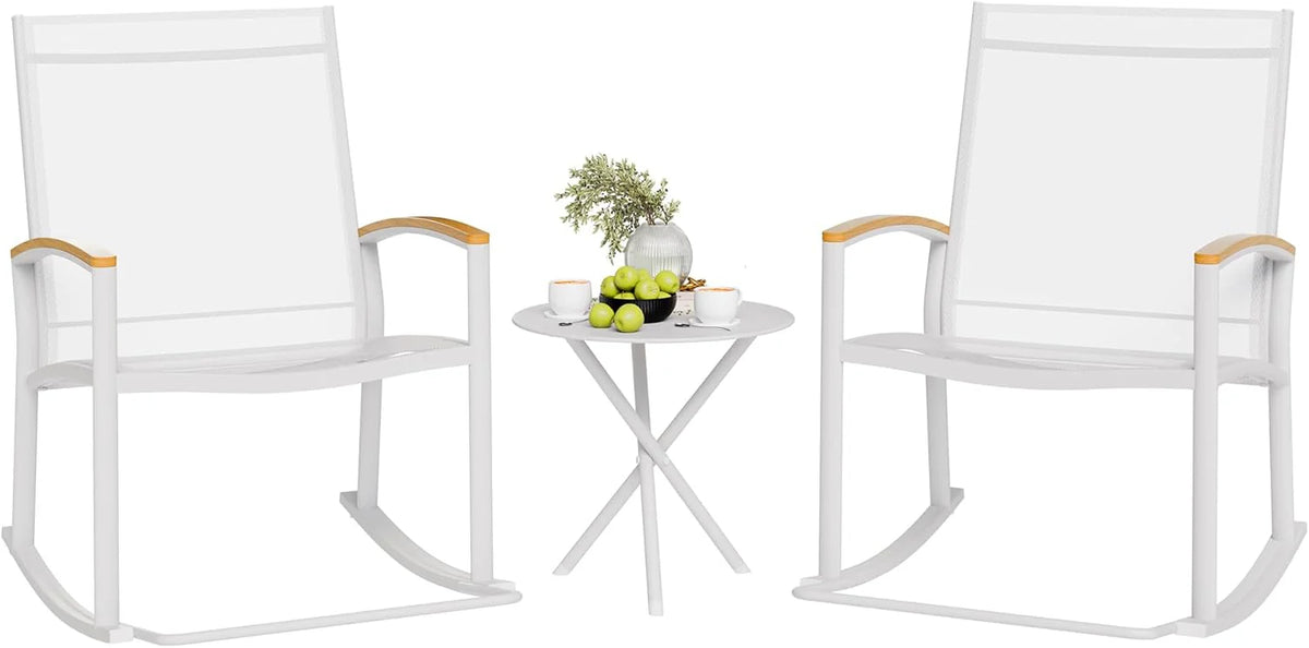 Shintenchi 3 Piece Outdoor Rocking Bistro Set, Textilene Fabric Small Patio Furniture Set, Front Porch Rocker Chairs Conversation Set with Table for Lawn, Garden, Balcony, Poolside (Black)
