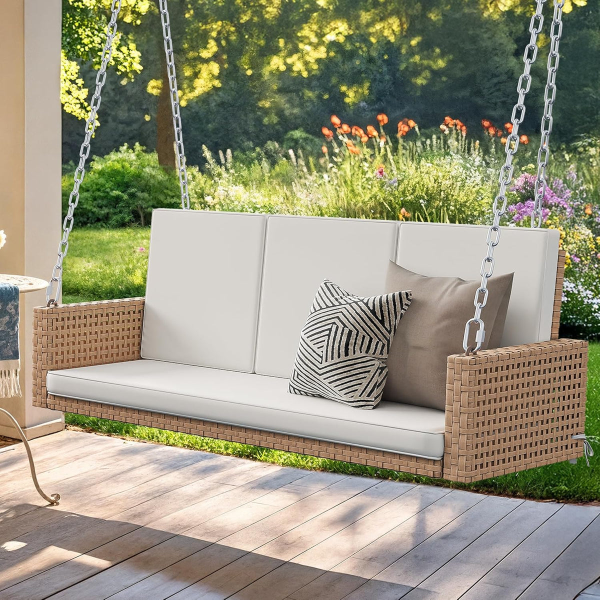 YITAHOME Hanging Porch Swing Chair Sits 3 People, Wicker Outdoor Swing Bench, Patio Lounge Chair, 1 Seating Cushion and 3 Back Cushions, w/Removable Covers, for Garden, Balcony, Backyard, Brown