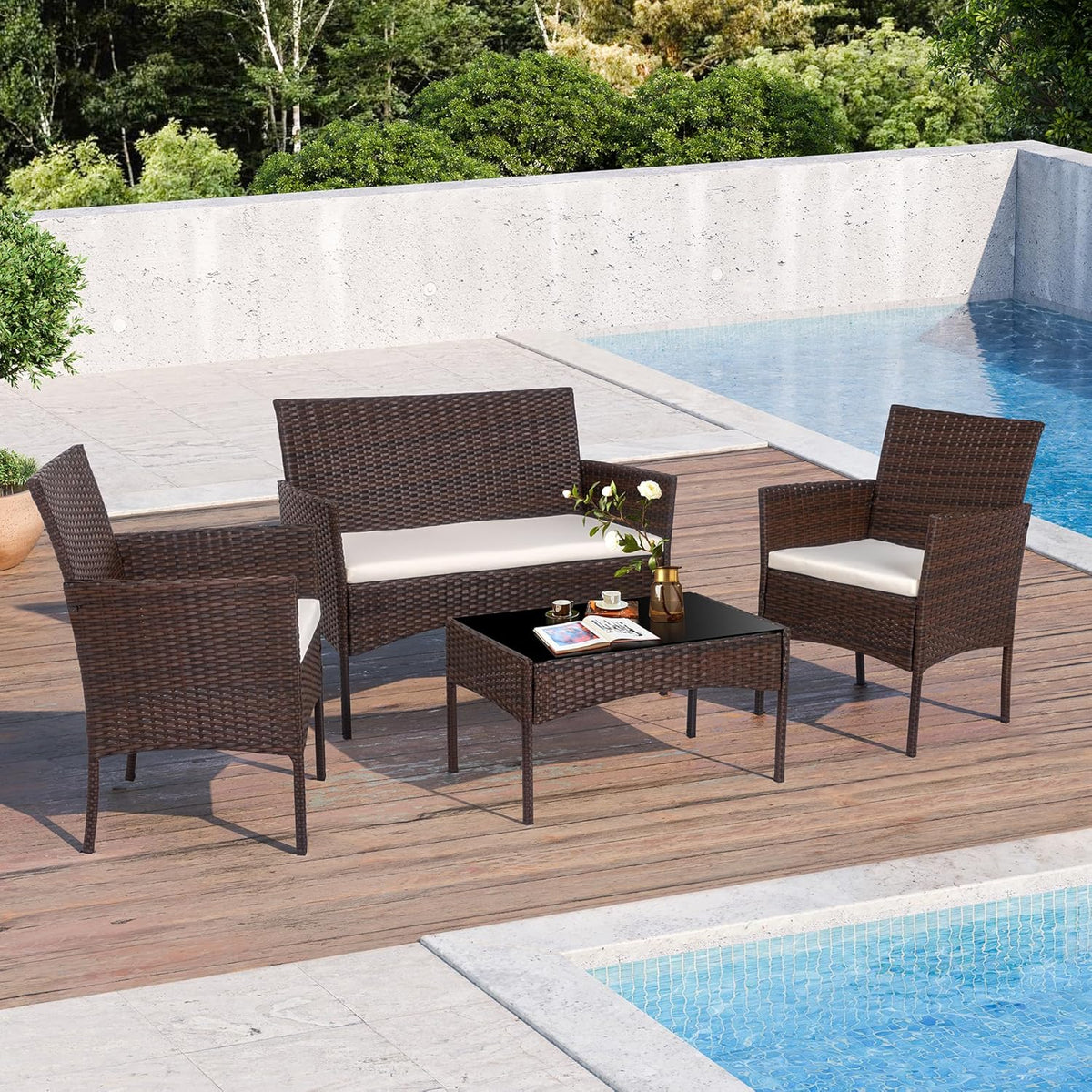 Shintenchi 4 Piece Outdoor Patio Furniture Set, Wicker Rattan Patio Conversation Set, Outdoor Chairs and Loveseat with Coffee Table for Porch, Yard & Poolside (Brown)