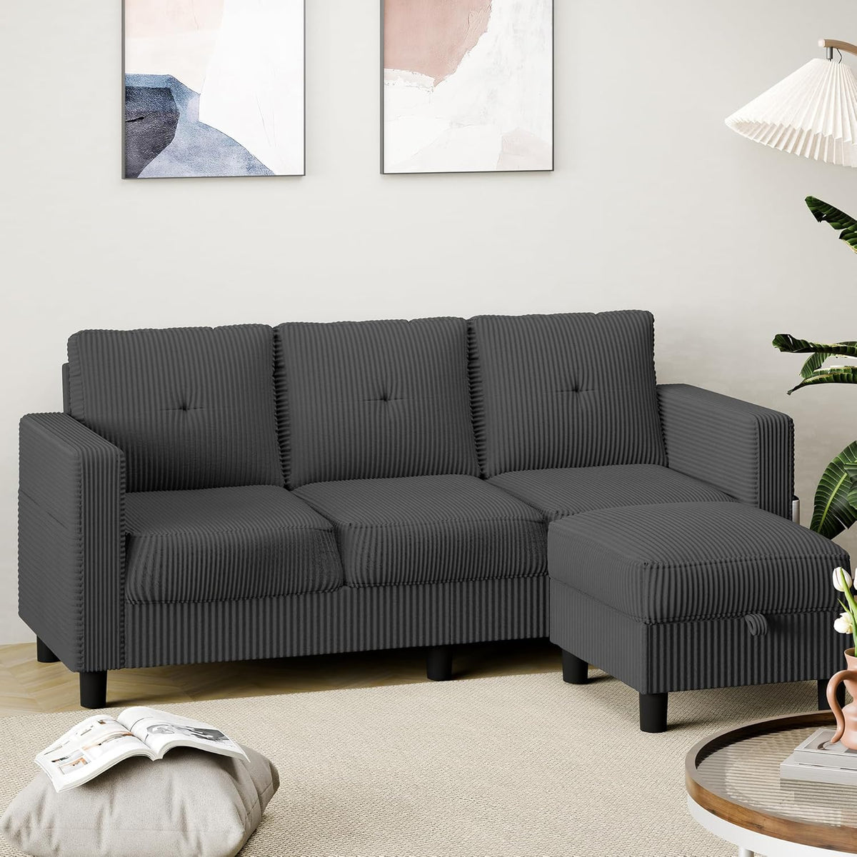 Shintenchi 76 inch Modern Upholstered Sectional Sofa L Shaped Couch with Storage Ottoman