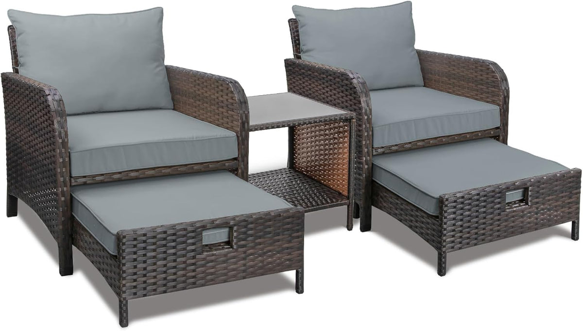 LEVELEVE Balcony Furniture 5 Piece Patio Conversation Set, PE Wicker Rattan Outdoor Lounge Chairs with Soft Cushions 2 Ottoman&Glass Table for Porch, Lawn-Brown Wicker