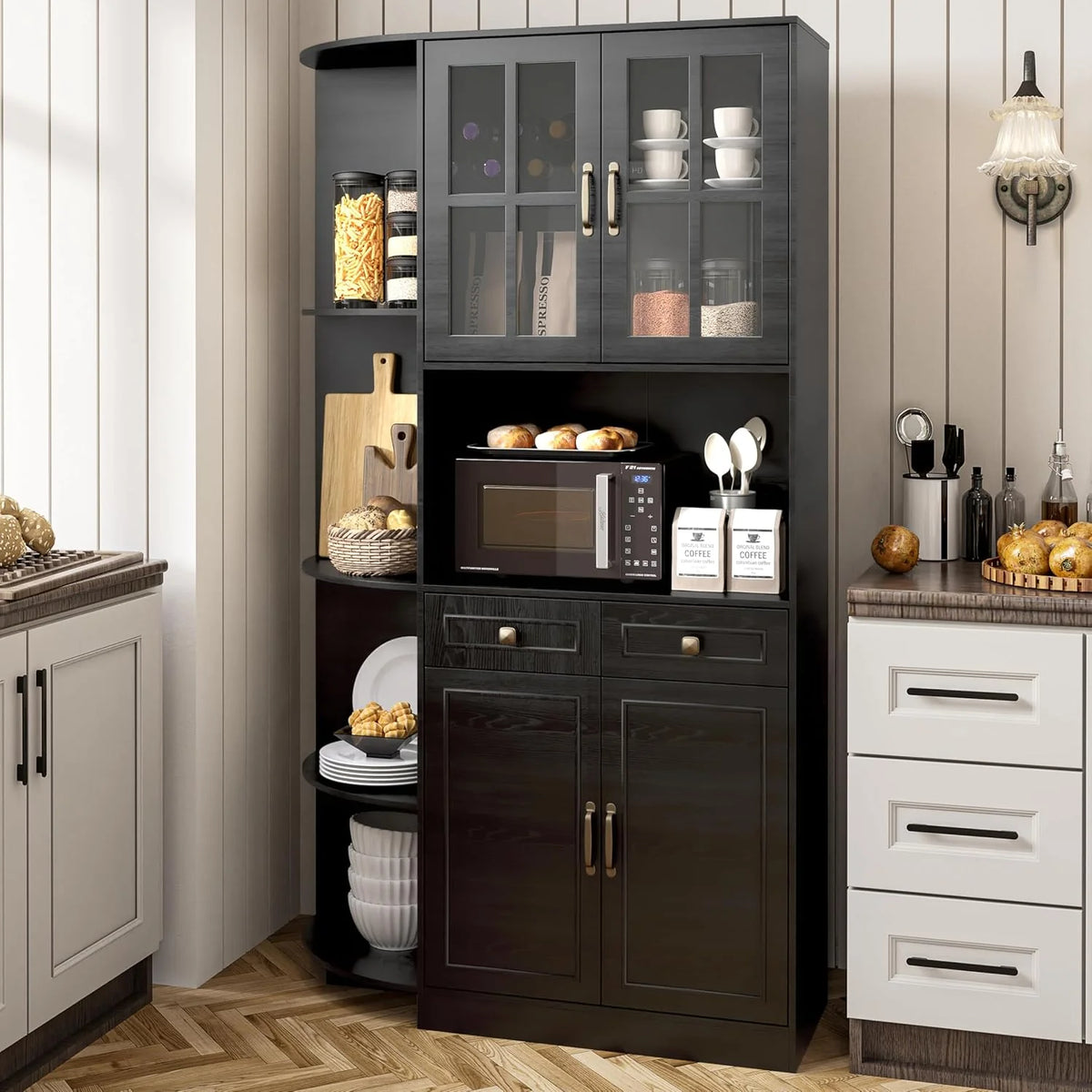 Kitchen Hutch Pantry Cabinet 71" Tall with Glass Doors