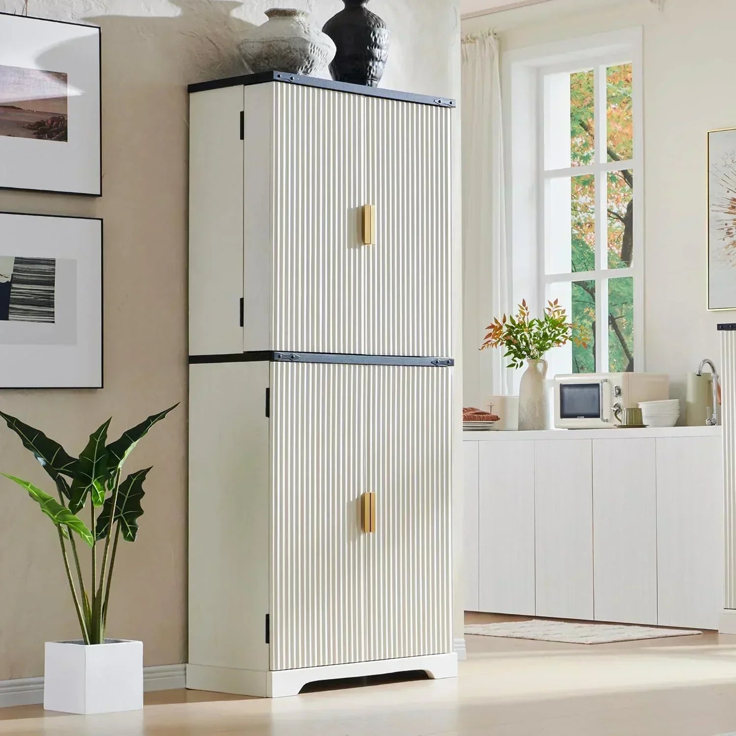 Fluted Pantry Cabinet 72" Tall Modern Storage Cabinet with 4 Doors Organizer Drawer