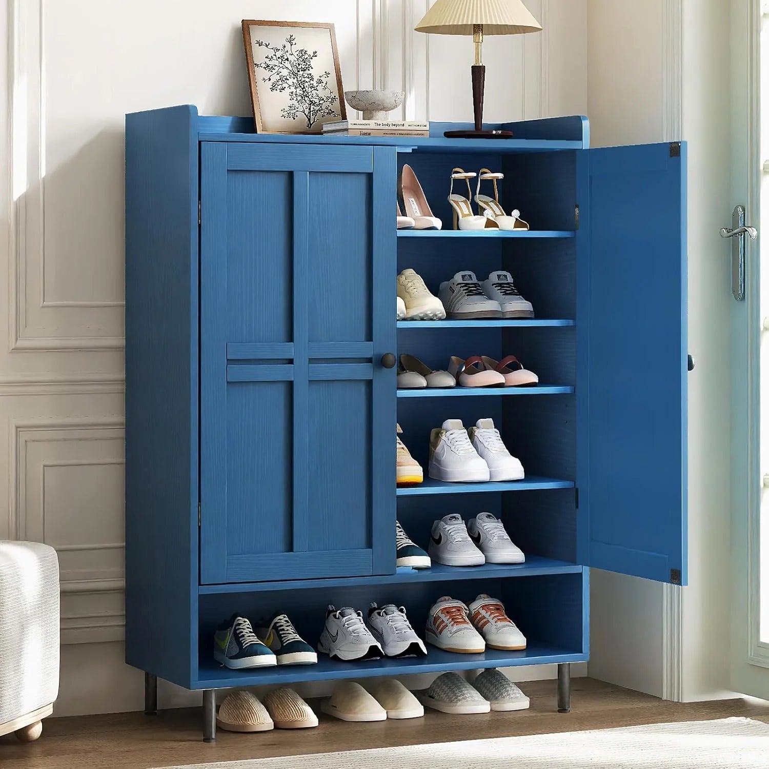 Black 7+1 Tier Farmhouse Shoe Storage Cabinet - 45" Tall Entryway Organizer