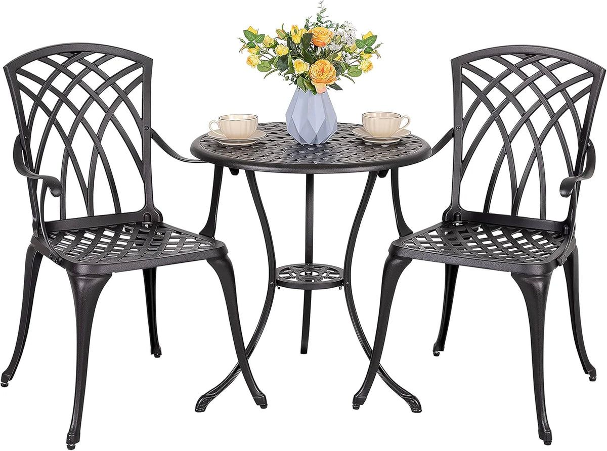 NUU GARDEN Bistro Set 3 Piece Outdoor Cast Aluminum Patio Bistro Set Patio Table and Chairs Set of 2 with Umbrella Hole and Gray Cushions, Black