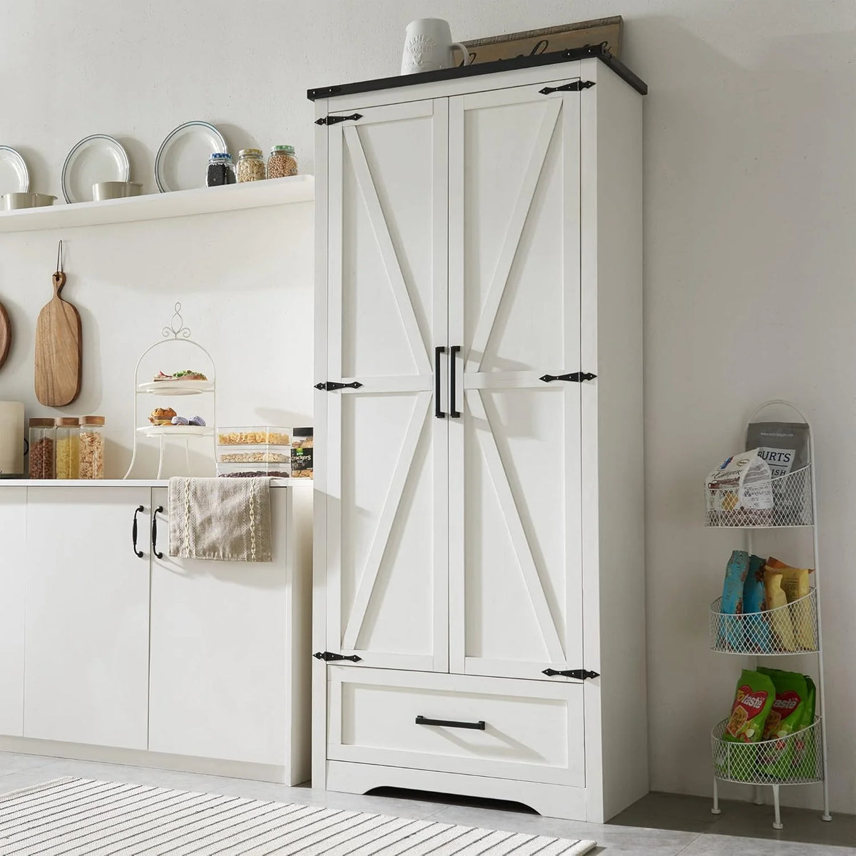 JXQTLINGMU Farmhouse Kitchen Pantry - 72" Tall Wood Kitchen Storage Cabinet with Adjustable Shelves and 2 Barn-Style Doors and Drawers