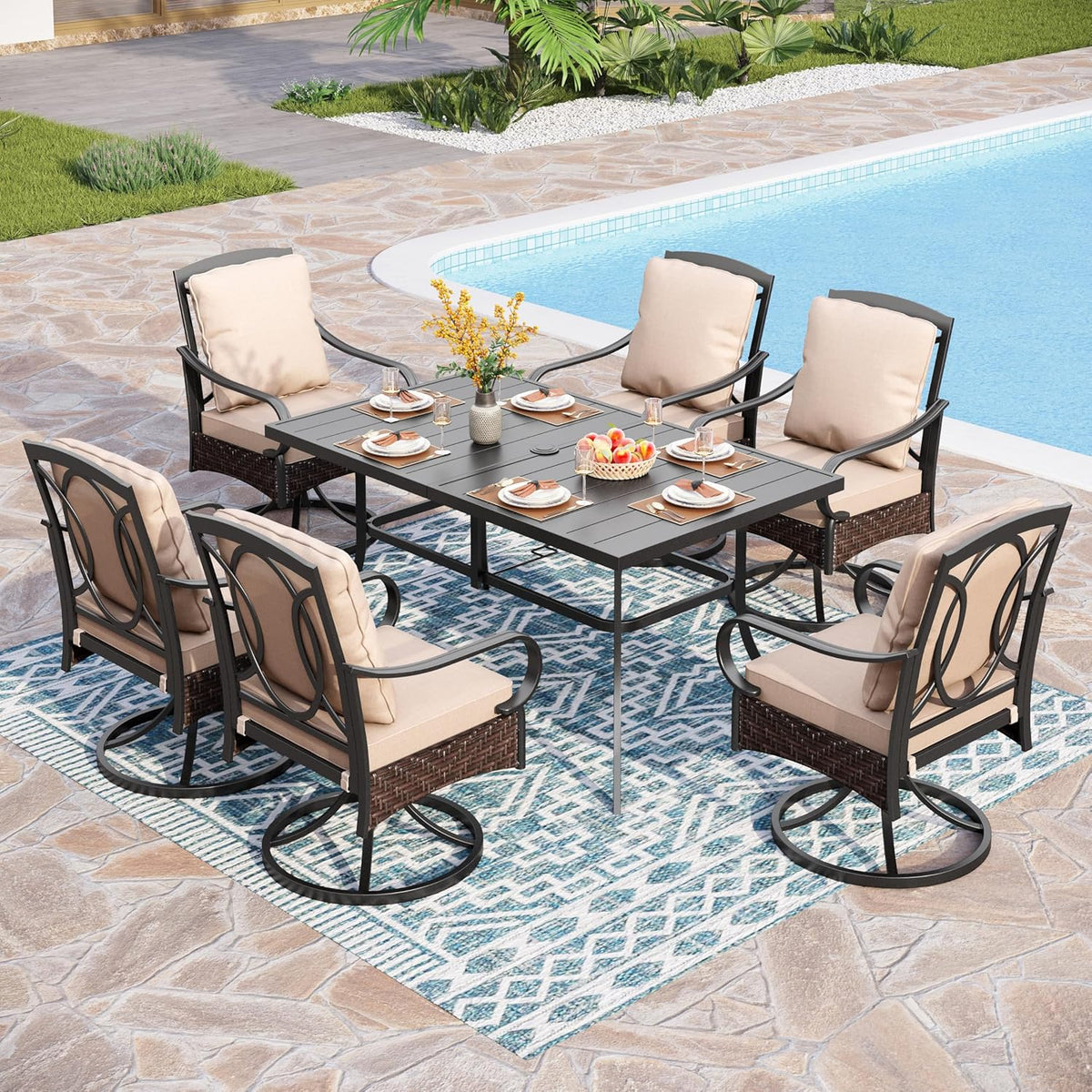 PHI VILLA 6-Piece Outdoor Dining Sets, All-Weather Patio Table and Chairs Set with Umbrella for 4, Heavy Duty Patio Round Table Set for Deck, 4 Extra Large Outdoor Swivel Chairs with Thick Cushions
