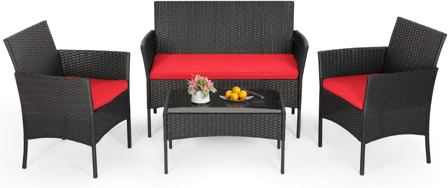 FDW | 4-Piece Patio Furniture Set | Black | Outdoor Wicker Furniture with Coffee Table | Modern Rattan Chairs Conversation Set | Outdoor Seating | Weather-Resistant | for Porch, Garden, Lawn