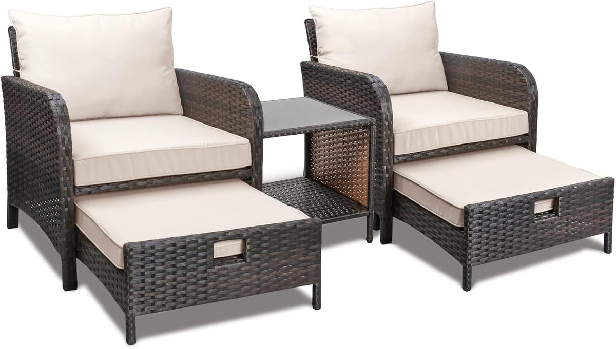LEVELEVE Balcony Furniture 5 Piece Patio Conversation Set, PE Wicker Rattan Outdoor Lounge Chairs with Soft Cushions 2 Ottoman&Glass Table for Porch, Lawn-Brown Wicker