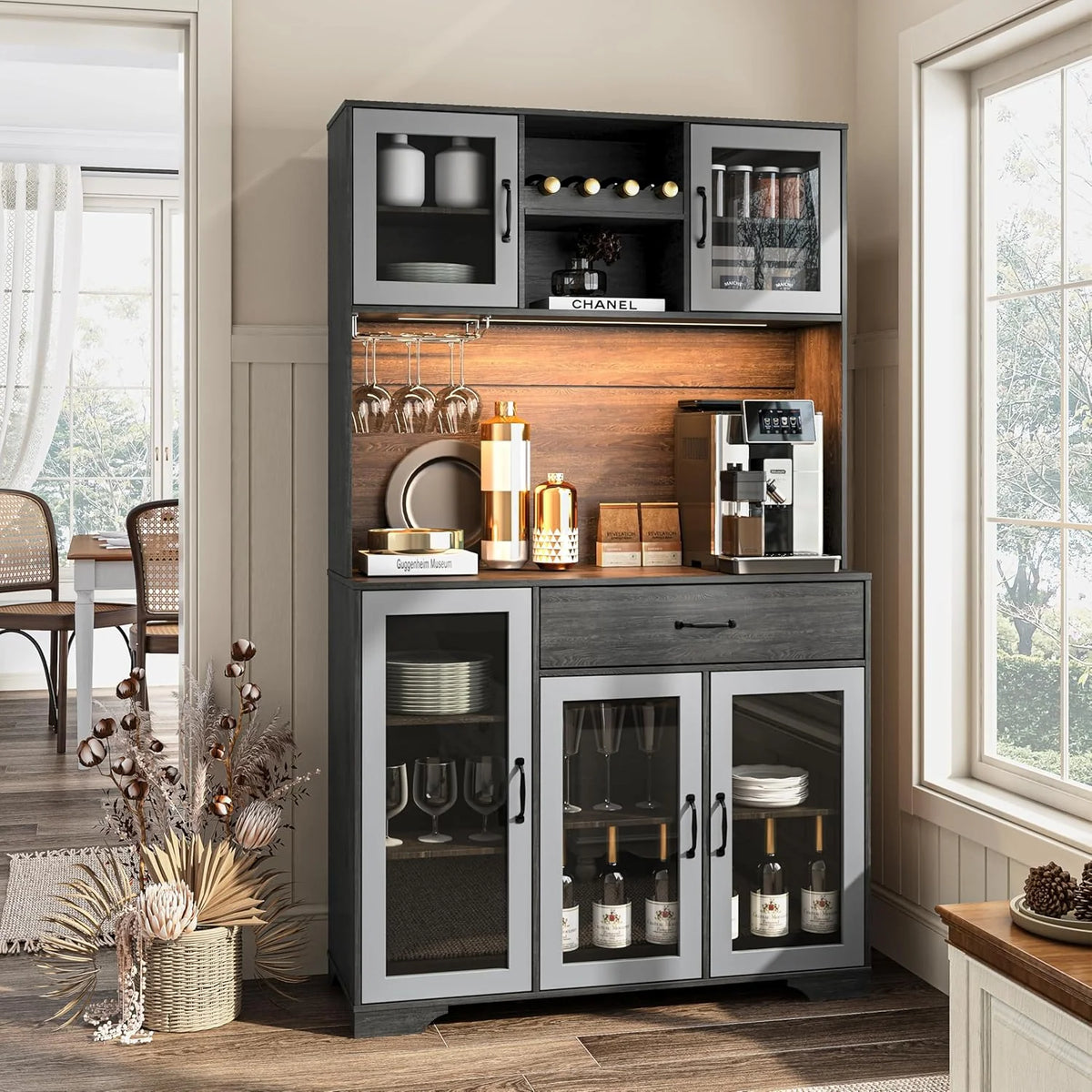 Kitchen Hutch Pantry Cabinet 71" Tall with Glass Doors