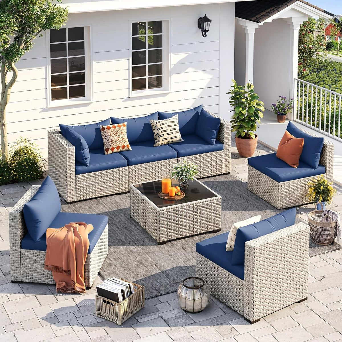 UDPATIO Outdoor Patio Furniture Set, 7-Piece PE Wicker Sectional Sofa with Tea Table, Outdoor Conversation Set for Patio, Garden, Backyard Green