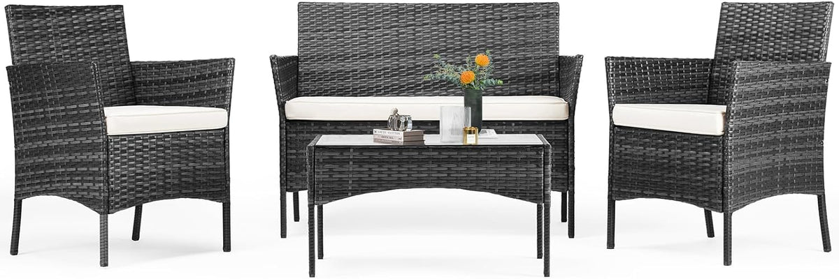 Sweetcripy Patio Furniture Set 3 Pieces Outdoor Furniture with Soft Cushion and Glass Table