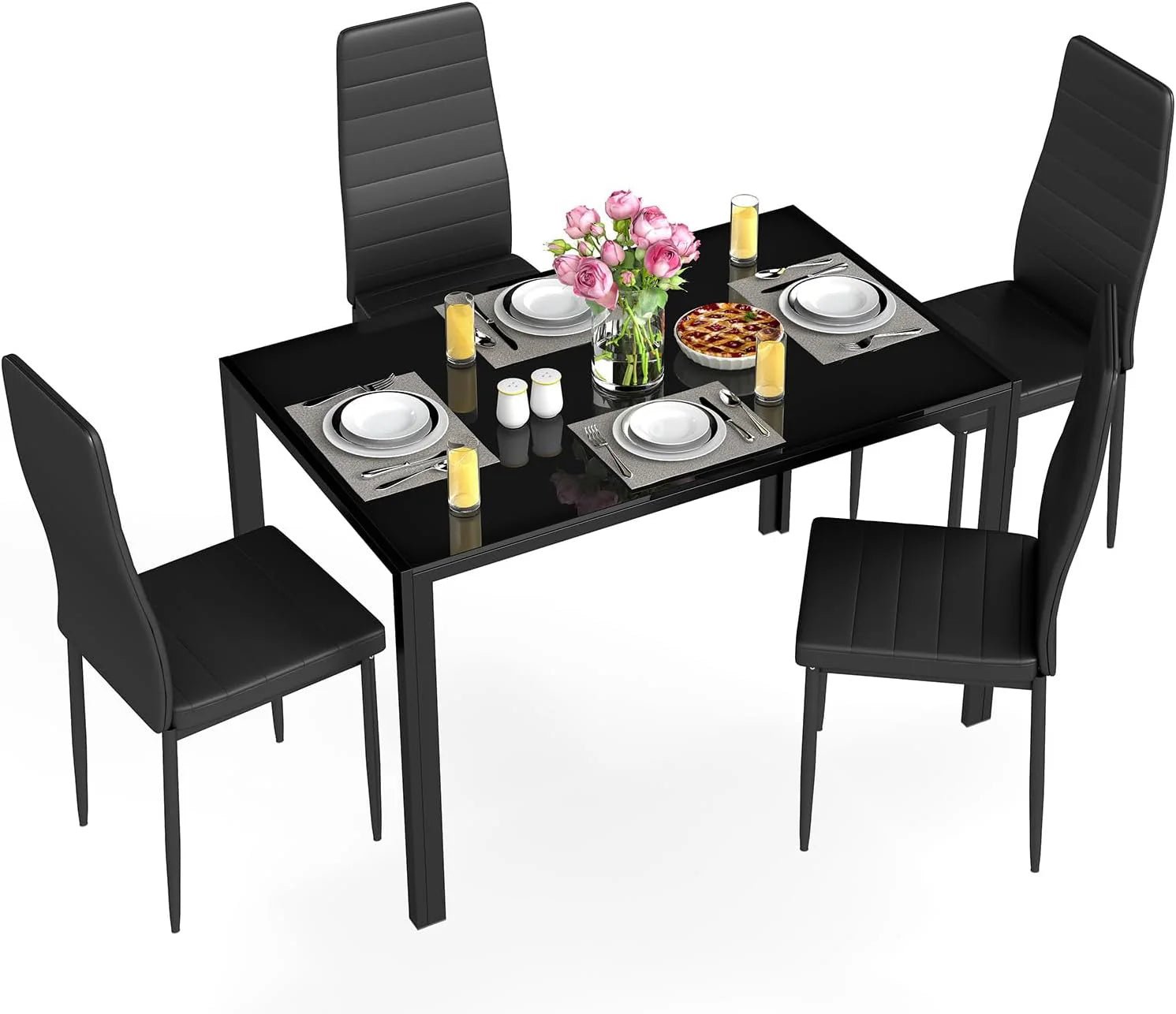 FDW Dining Table Set for 4 Glass Black Dining Table Kitchen Table with 4 Upholstered Chairs