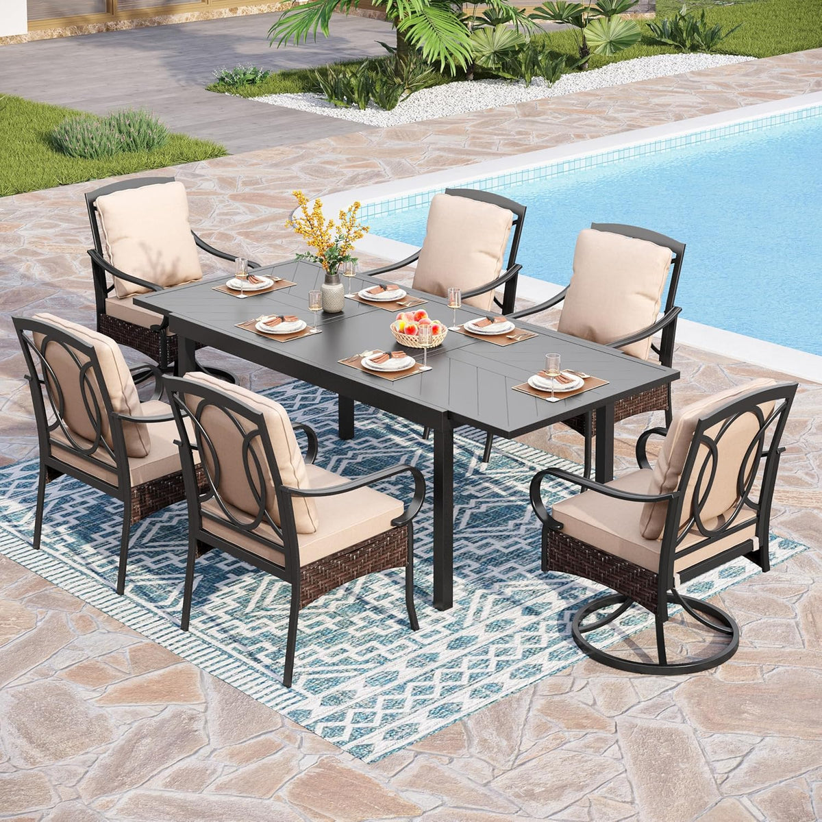 PHI VILLA 6-Piece Outdoor Dining Sets, All-Weather Patio Table and Chairs Set with Umbrella for 4, Heavy Duty Patio Round Table Set for Deck, 4 Extra Large Outdoor Swivel Chairs with Thick Cushions