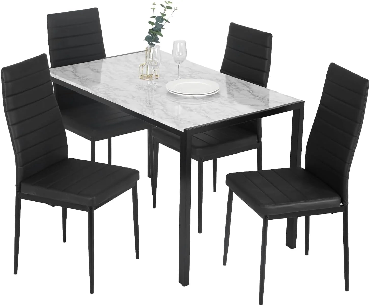 FDW Dining Table Set for 4 Glass Black Dining Table Kitchen Table with 4 Upholstered Chairs