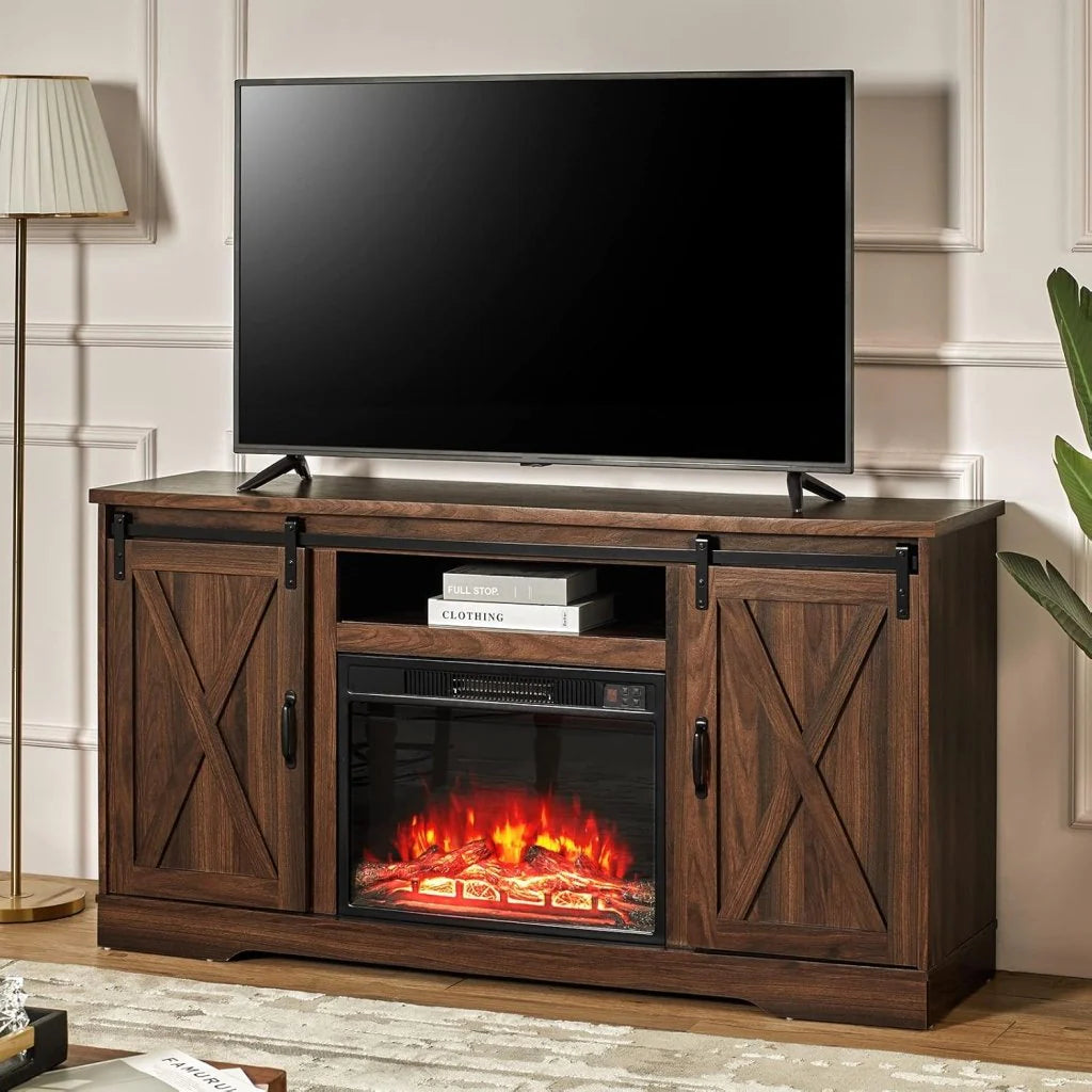AMERLIFE Fireplace TV Stand with Sliding Barn Door for TVs up to 73", Farmhouse 63" Fireplace Entertainment Center with Storage Cabinets/Adjustable Shelves