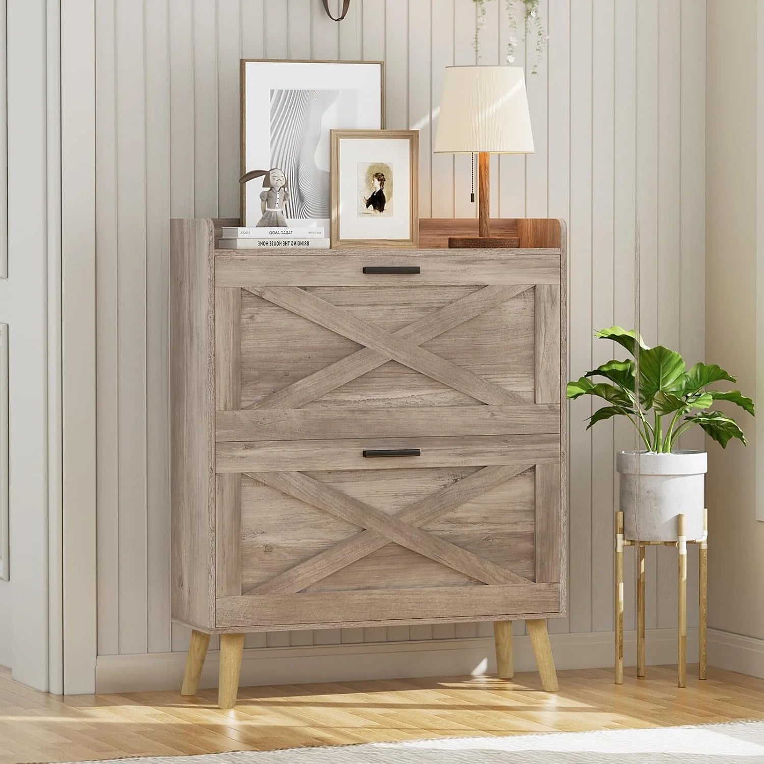 32" W Farmhouse Shoe Storage Cabinet Modern Hidden Slim Narrow Shoe Rack Cabinet