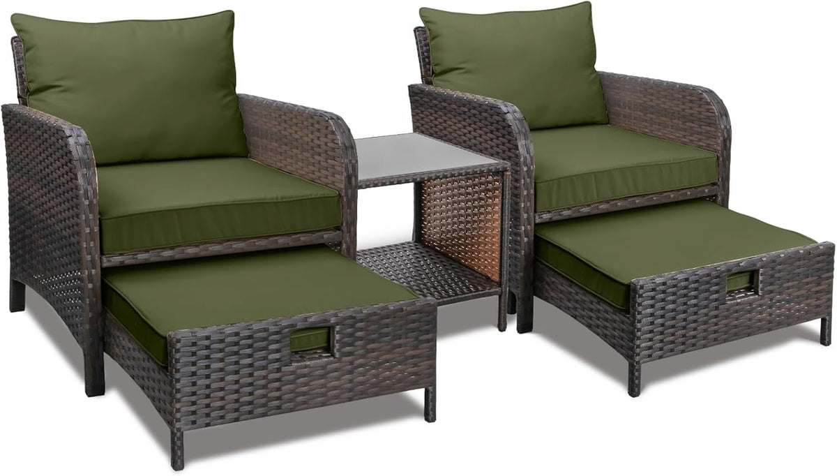 LEVELEVE Balcony Furniture 5 Piece Patio Conversation Set, PE Wicker Rattan Outdoor Lounge Chairs with Soft Cushions 2 Ottoman&Glass Table for Porch, Lawn-Brown Wicker