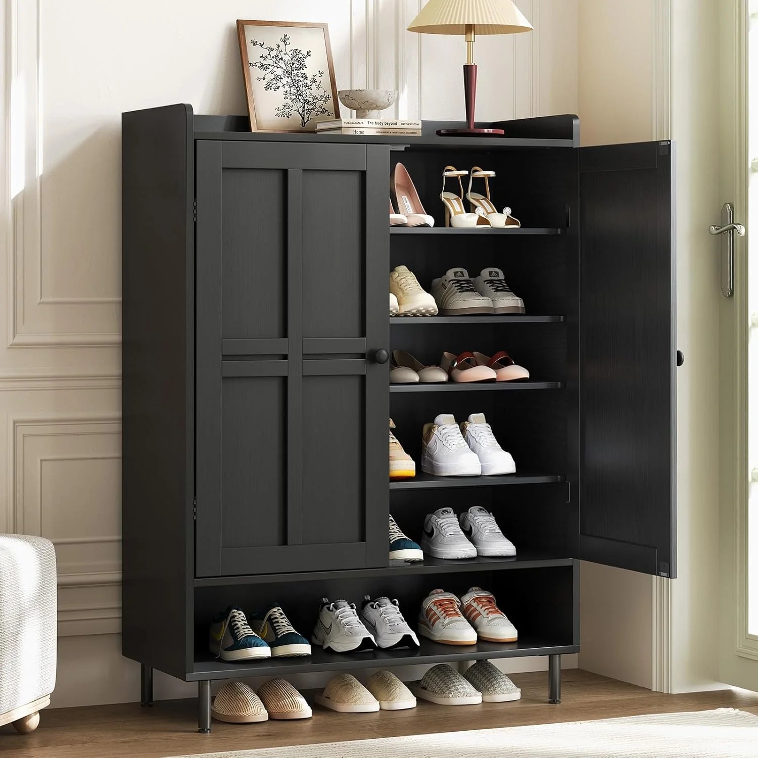 Black 7+1 Tier Farmhouse Shoe Storage Cabinet - 45" Tall Entryway Organizer