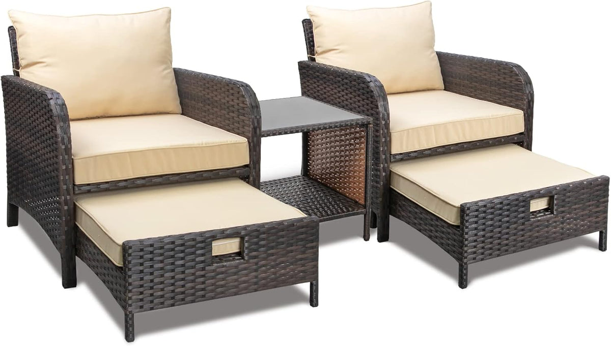 LEVELEVE Balcony Furniture 5 Piece Patio Conversation Set, PE Wicker Rattan Outdoor Lounge Chairs with Soft Cushions 2 Ottoman&Glass Table for Porch, Lawn-Brown Wicker