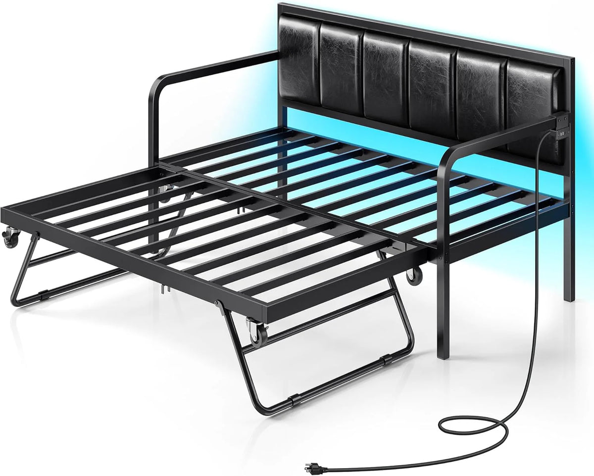 Rolanstar Daybed with Charging Station and LED Lights, Height Adjustable Twin Daybed with Trundle, Metal Sofa Bed Frame with Steel Slat Support
