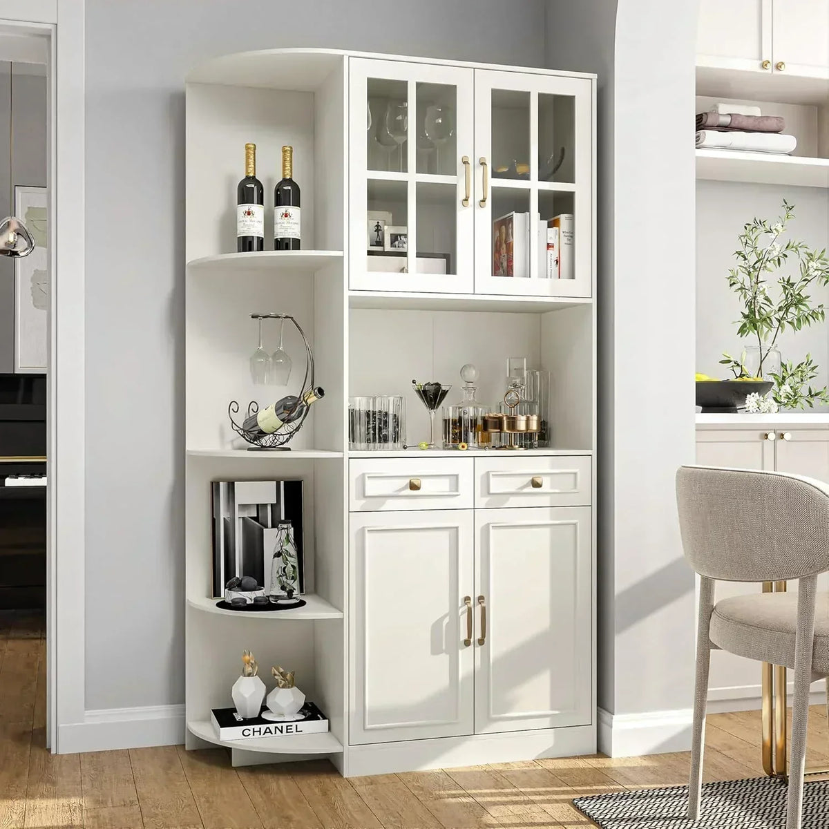 Kitchen Hutch Pantry Cabinet 71" Tall with Glass Doors