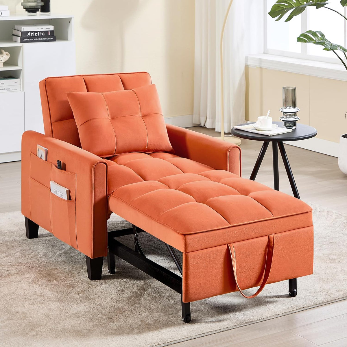 Convertible Sleeper Chair, 3 in 1 Sleeper Chair Bed Pull Out Sofa Bed Chairs, Velvet Single Sofa with Adjustable Backrest