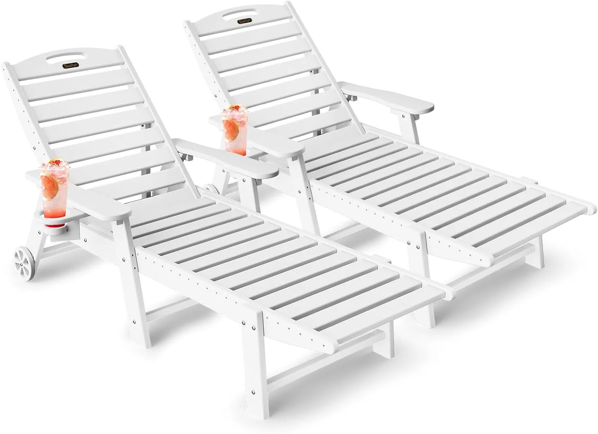 Lounge Chair Outdoor, Chaise Lounge, HDPE 6-Position Outdoor Chaise Lounge, Patio Lounge Chair with Wheels & Cup Holder for Pool Poolside Deck Backyard, Teak